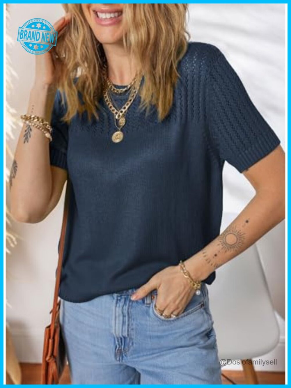 Crew Neck Hollow Out Knit Loose Sweater Blouse Tunic Top - Picture 2 of 7
